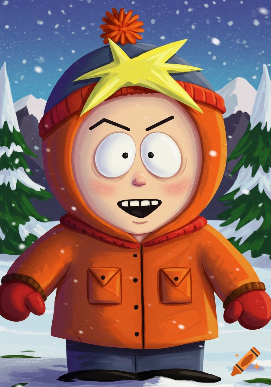 Butters from South Park in a winter coat and hat stands in the snow