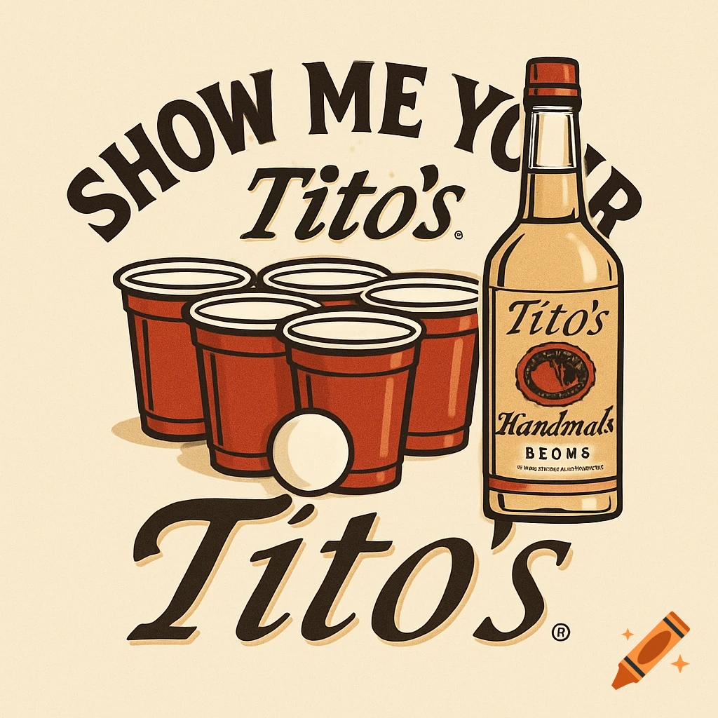Retro illustration of a bottle of Tito's vodka, red cups, and a ping pong ball for beer pong with the text "SHOW ME YOUR Tito's".