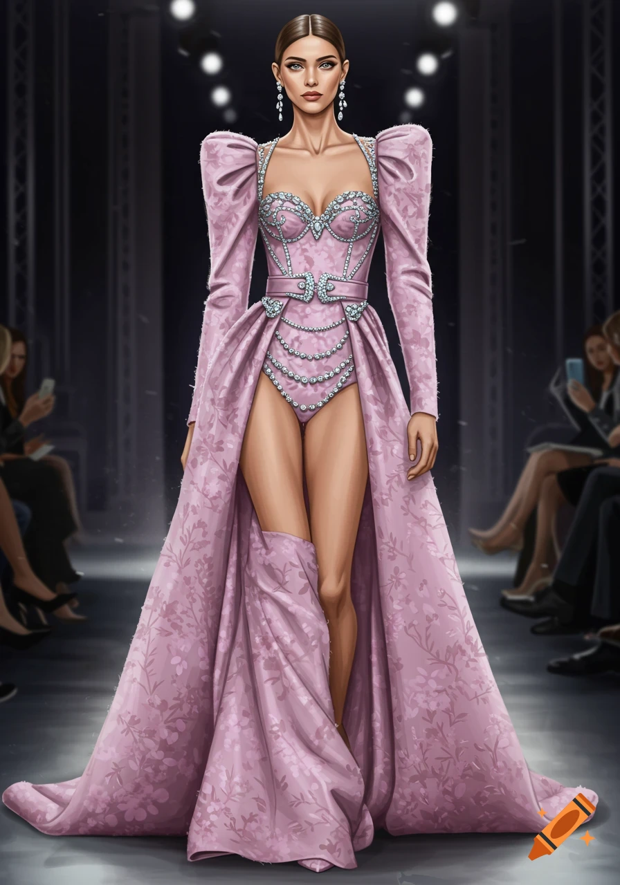 Illustration of a model on a runway in a long pink diamond-embellished gown with puff sleeves and high slit.