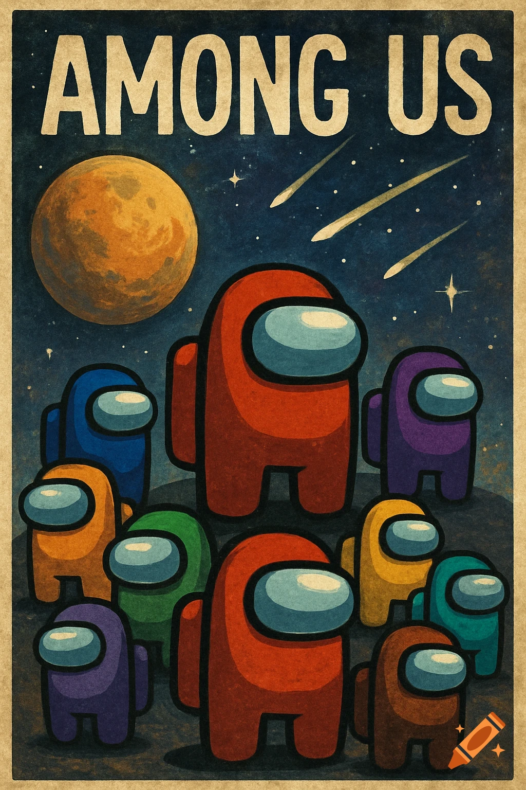 Colorful Among Us crewmates under a moon in space, vintage poster style.