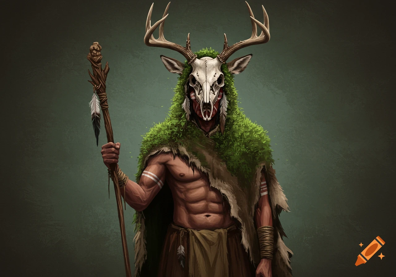 Illustration of a man wearing a deer skull mask and mossy cloak, holding a staff.