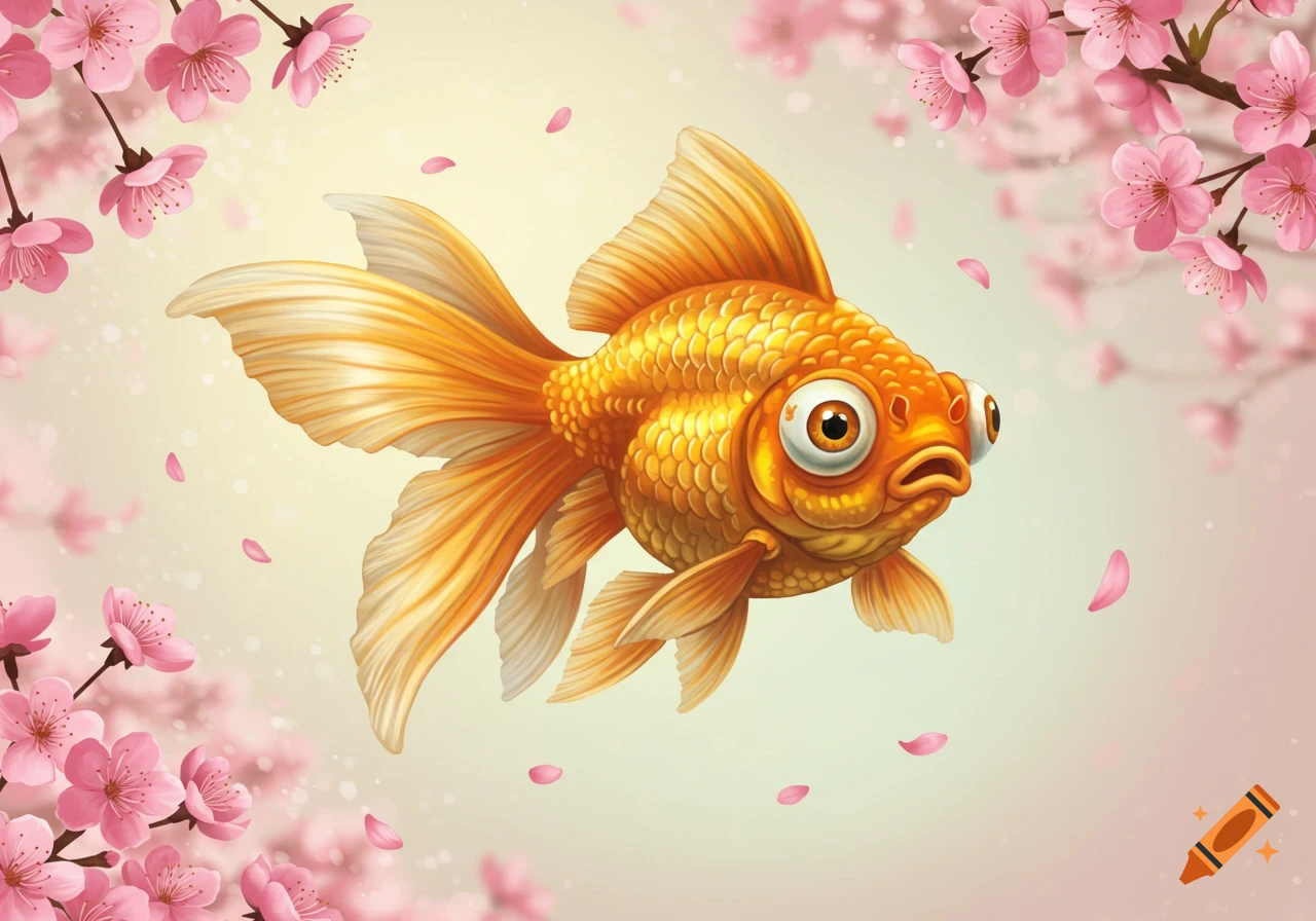 A stylized goldfish floats among pink cherry blossoms and petals.