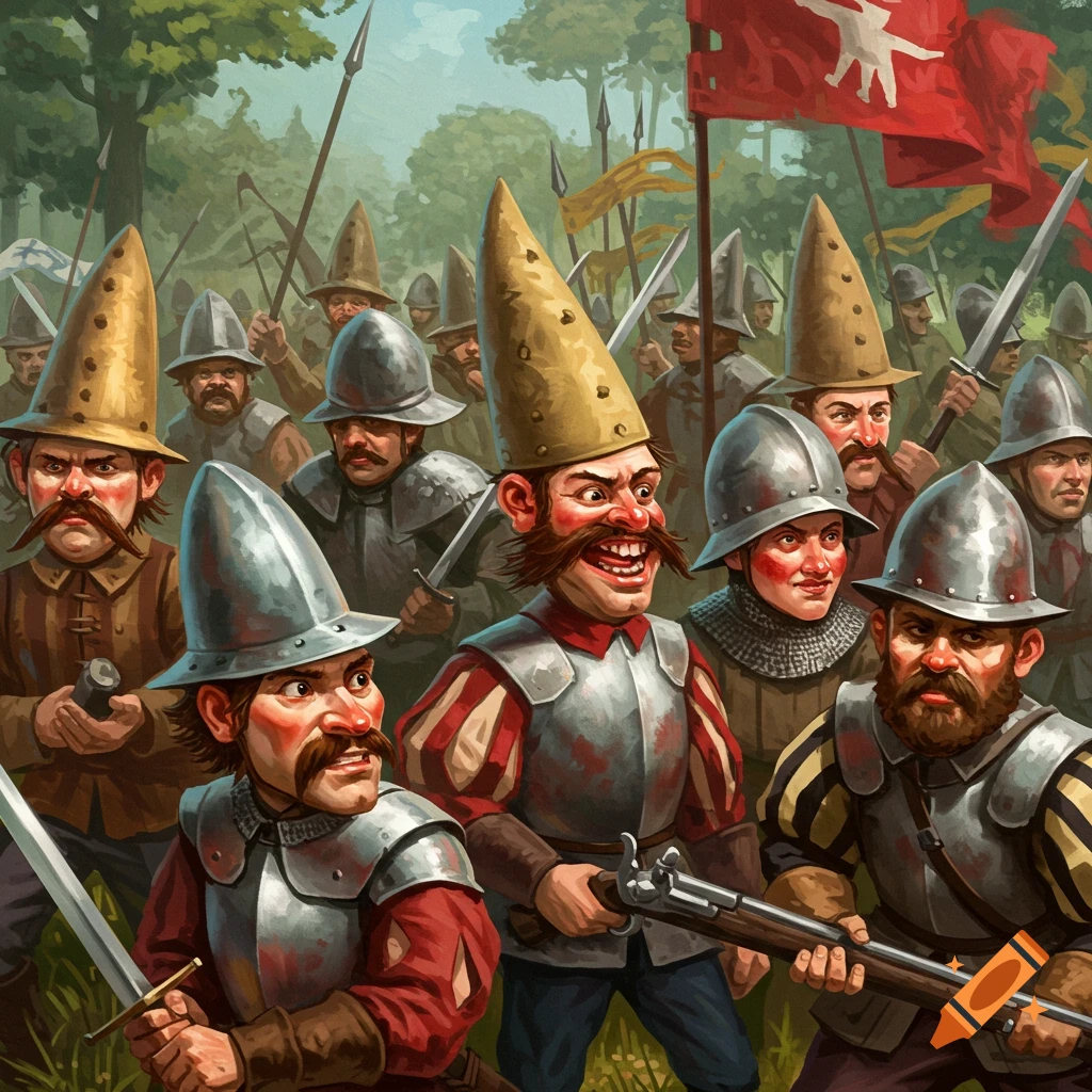 Cartoonish soldiers with conical hats and armor stand in a forest.