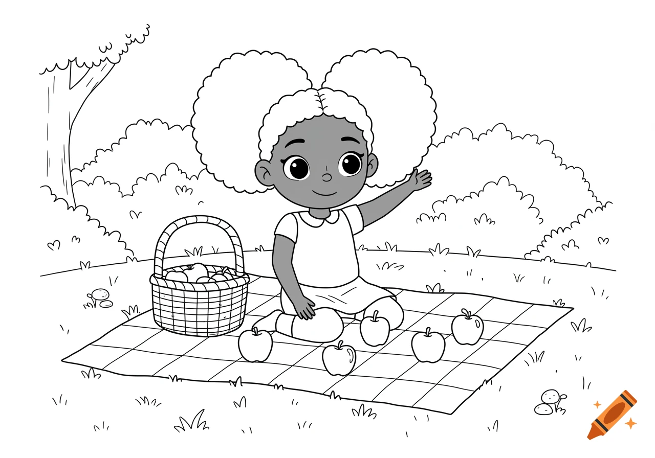 A black and white line drawing of a girl with afro puffs having a picnic with a basket of apples on a blanket.
