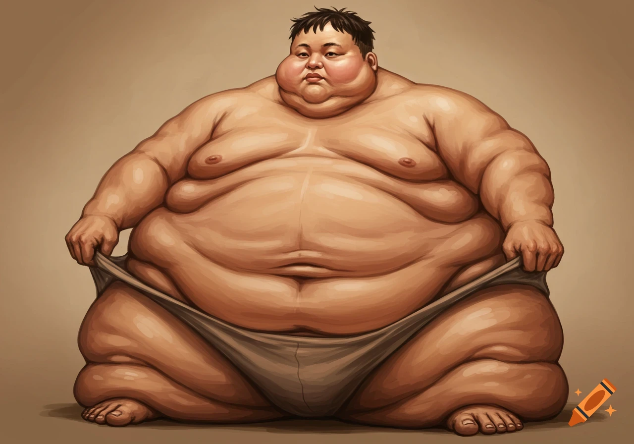 Stylized illustration of an extremely obese person sitting.