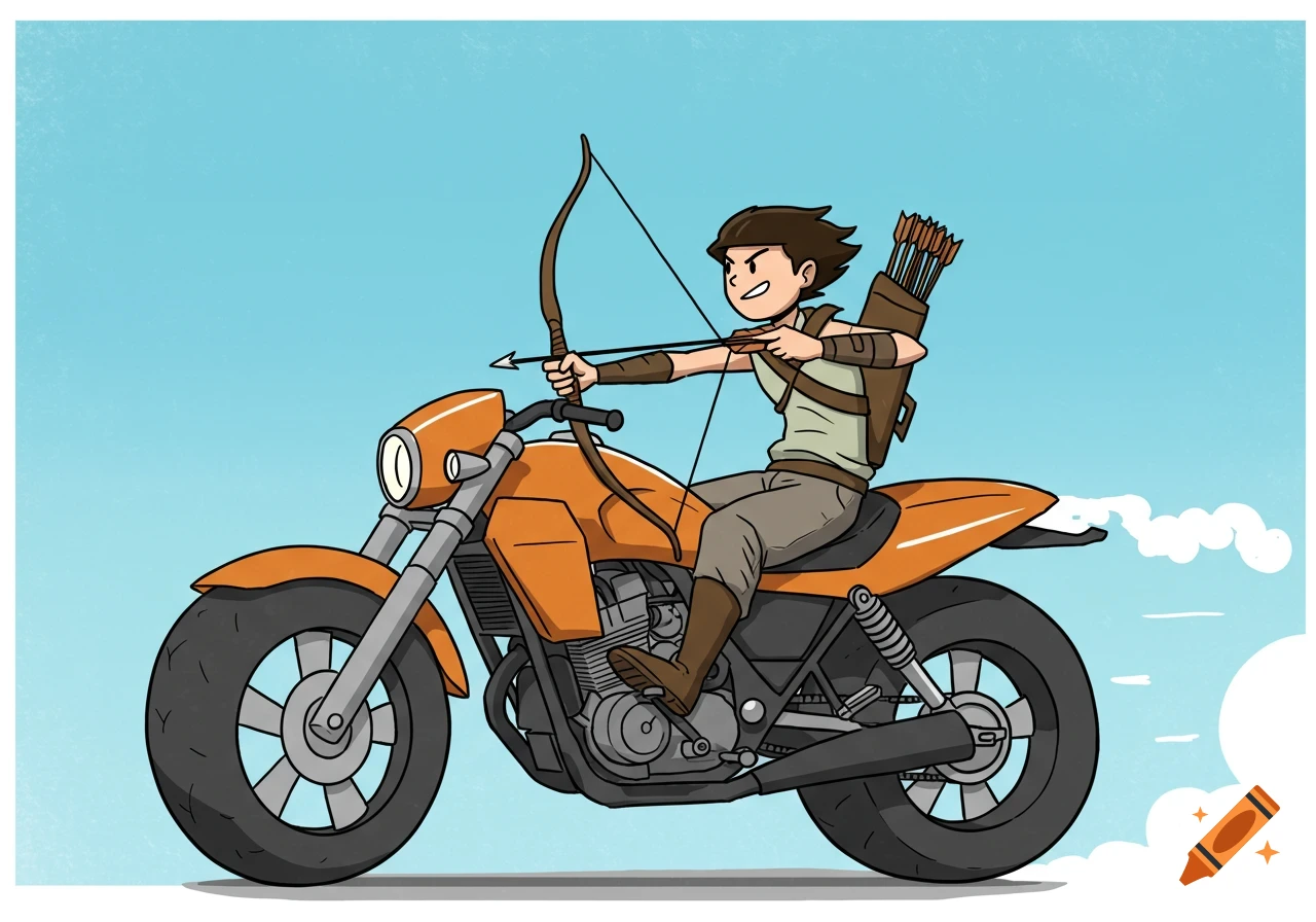 Cartoon of an archer riding a motorcycle.