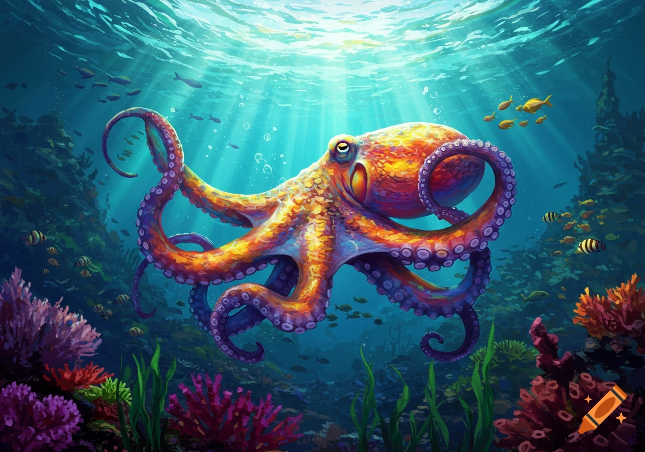 Colorful octopus swims in sunlit underwater scene with coral and fish, digital illustration.