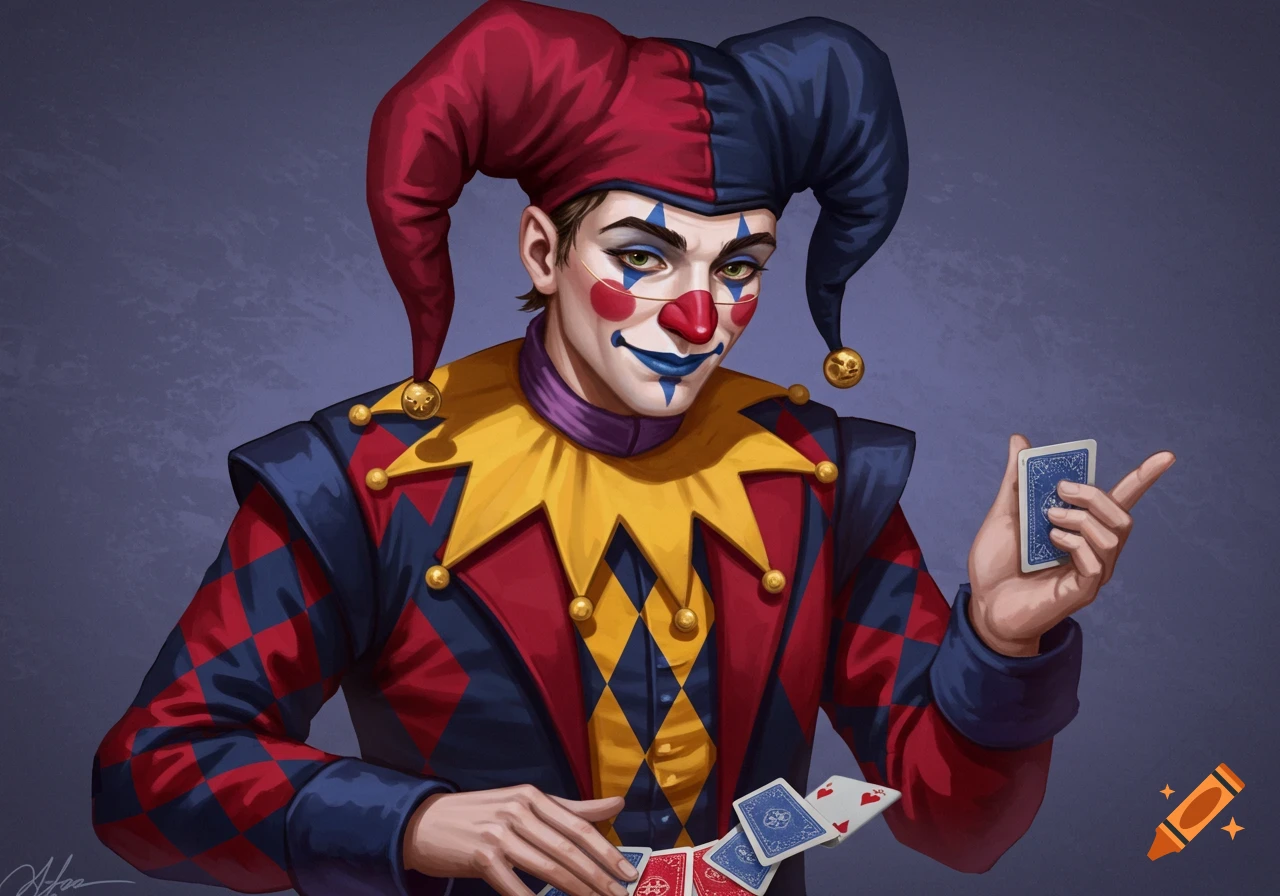 A jester in a colorful costume shuffles playing cards.