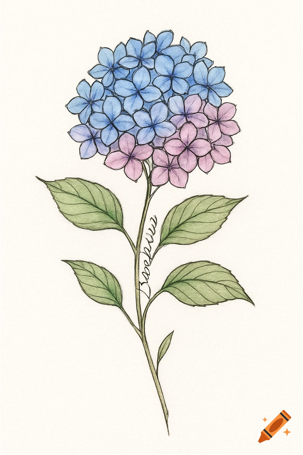 Watercolor drawing of a hydrangea with blue and pink blooms and green leaves, 'Barbara' hidden in the stem.