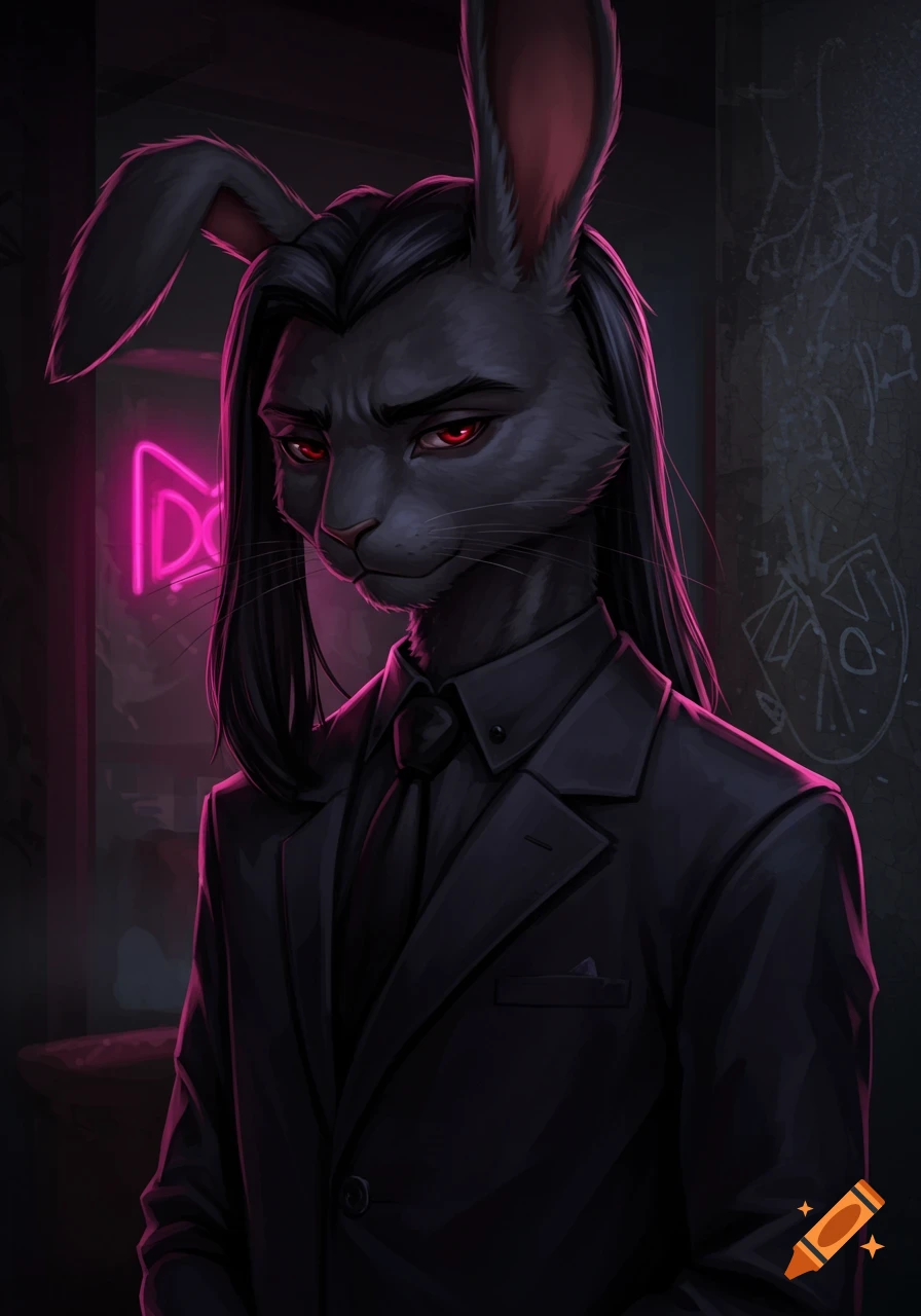A black anthropomorphic bunny in a dark suit with red eyes stands in a dark room with neon light and graffiti. Stylized art.