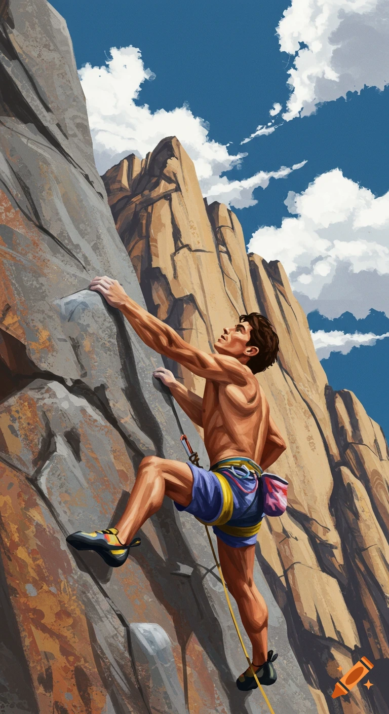 A man rock climbs a mountain face under a blue sky with clouds.