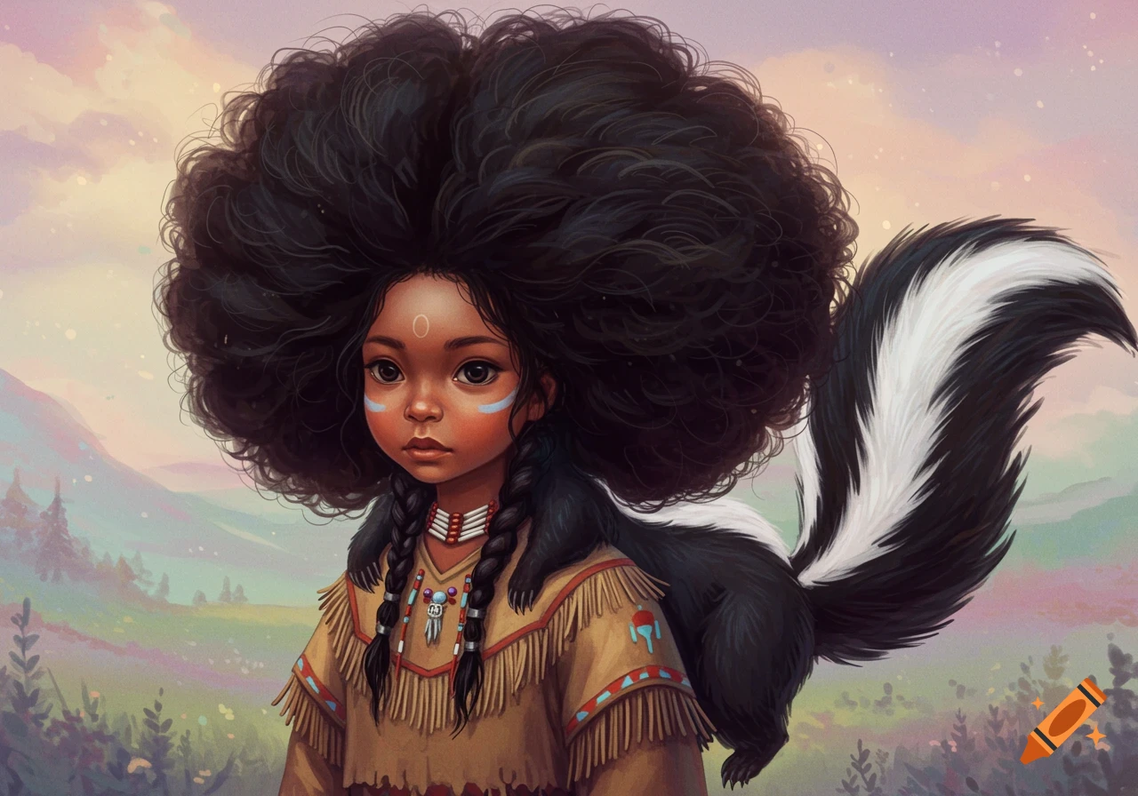 Stylized illustration of a young Native American girl with braided hair and large afro merging into a skunk on her shoulder.