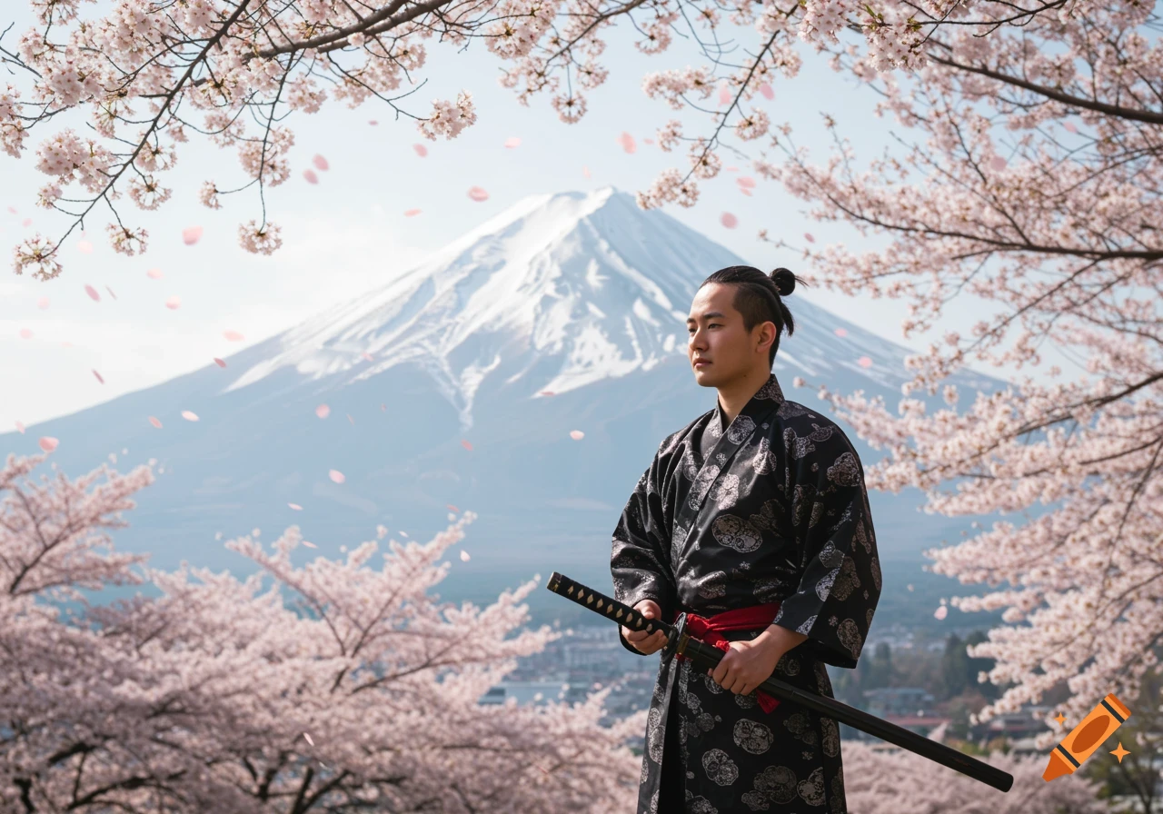 A man in a kimono holds a katana among cherry blossoms with Mount Fuji behind him.