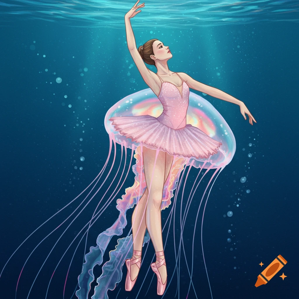 An illustration of a ballerina floating underwater with a jellyfish as her lower body.
