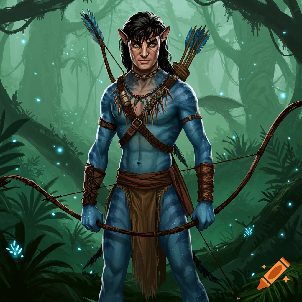 Na'vi male warrior holding a bow in a jungle.