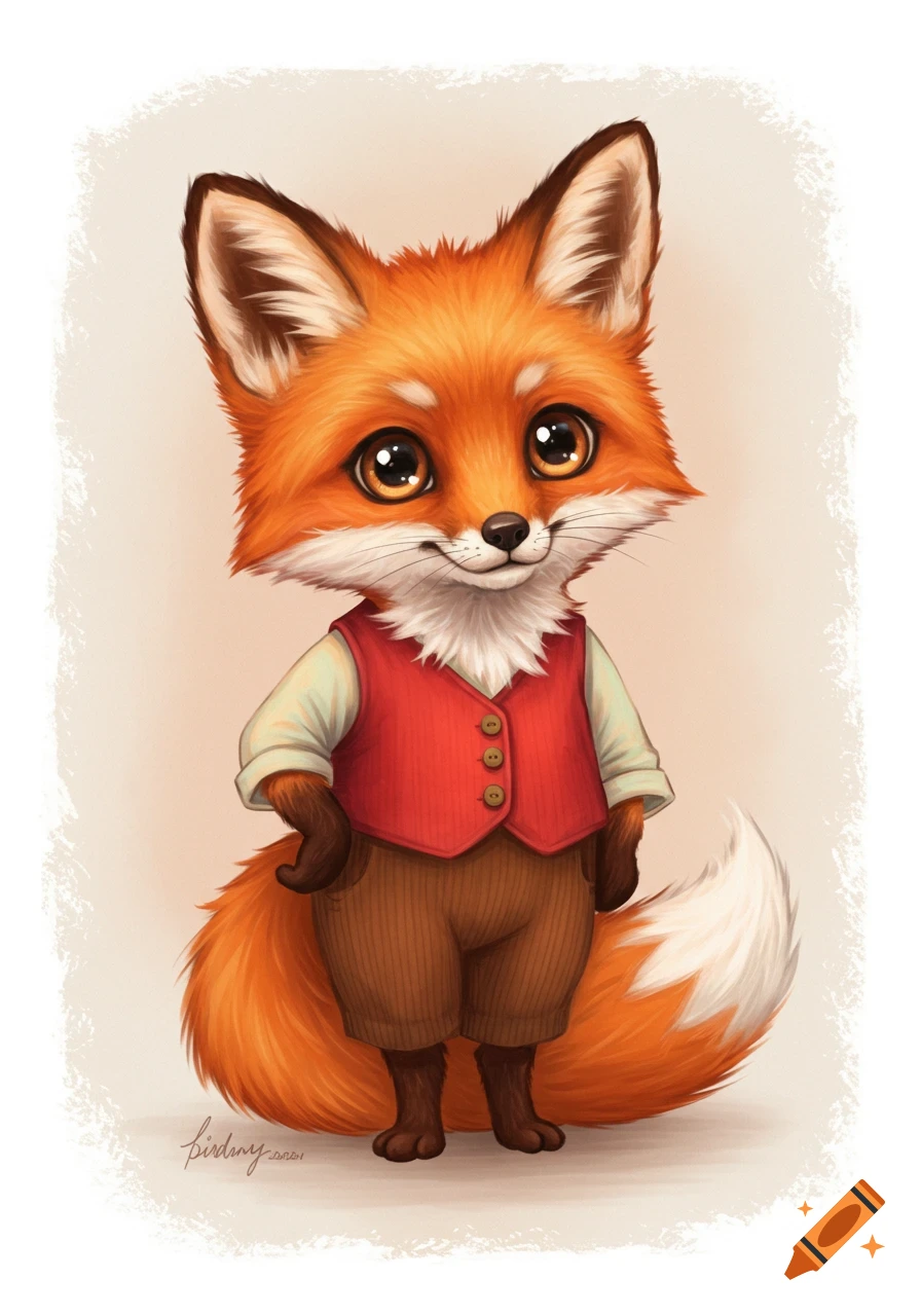 A cute cartoon fox wearing a red vest and brown pants stands on two legs.