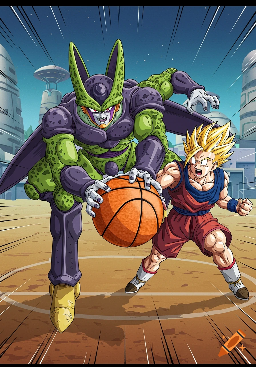 Cell and Gohan playing basketball on a court in an anime style.