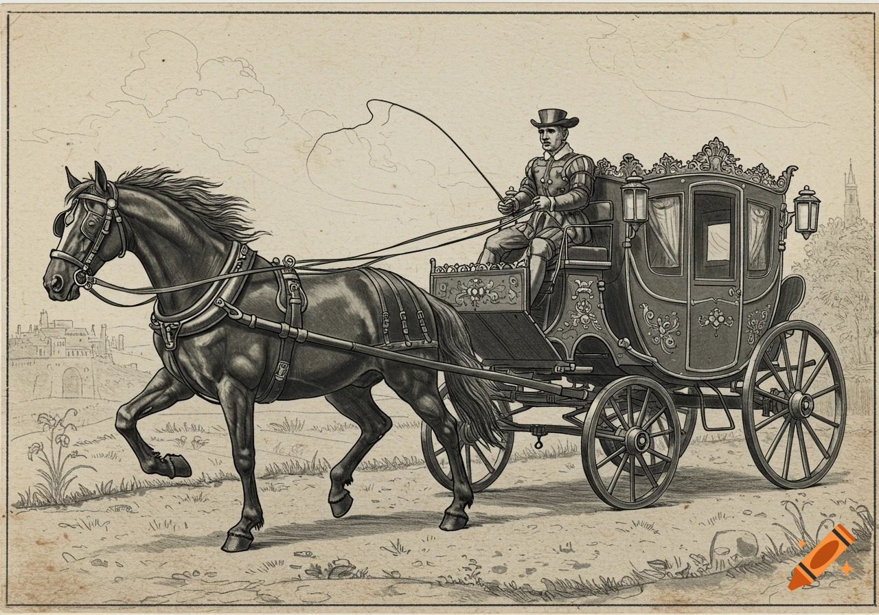 A black and white sketch of a horse pulling a carriage with a driver.