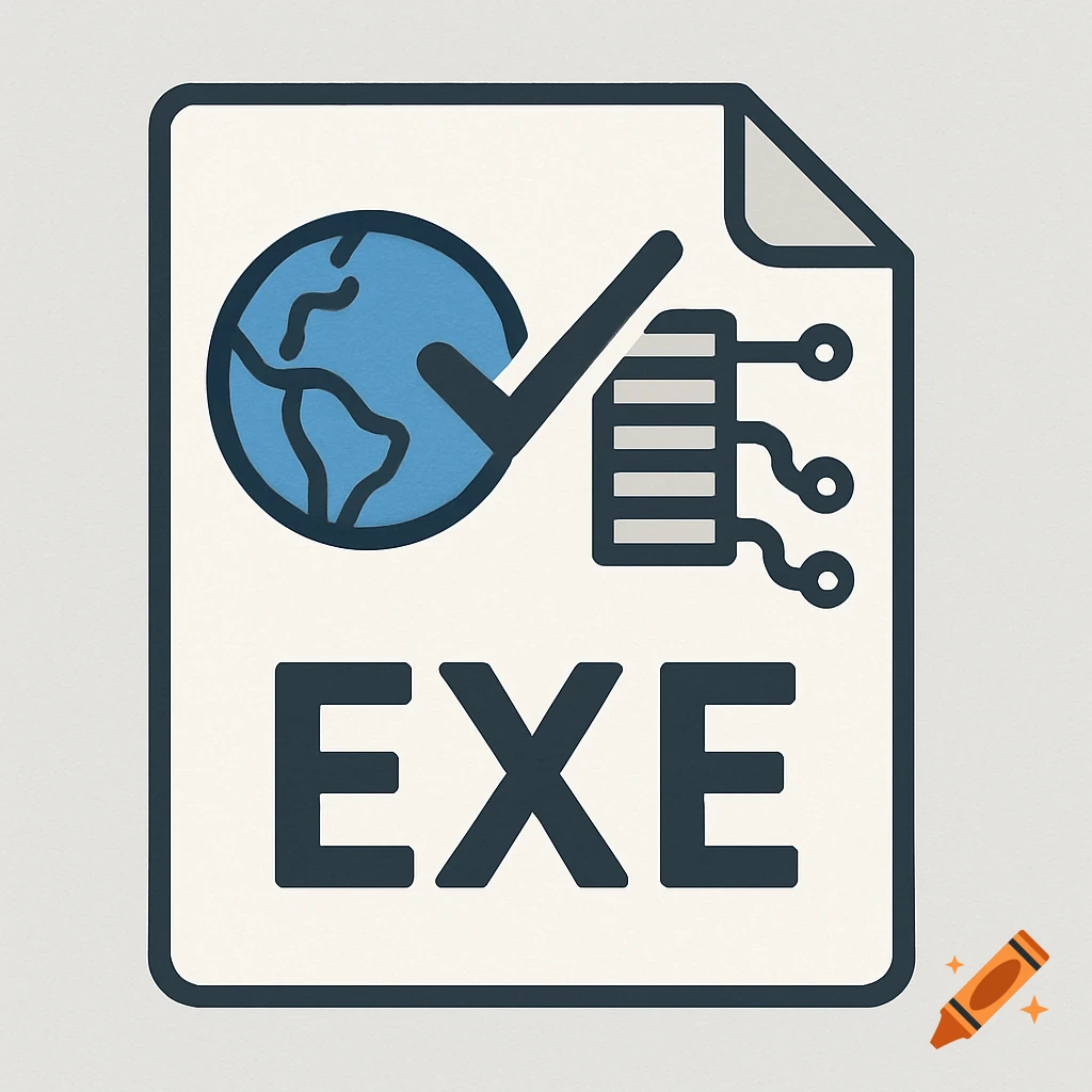 Icon of an executable file with EXE text, globe with checkmark, and ...