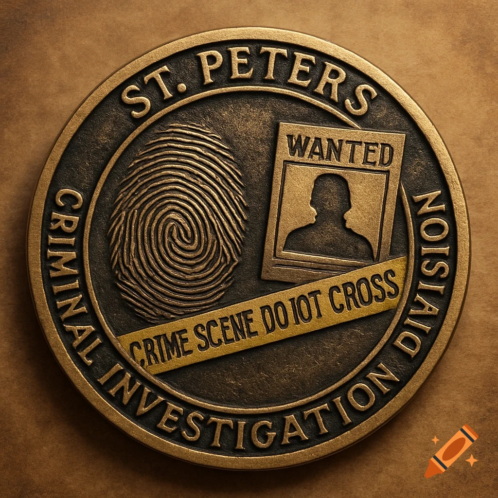 Bronze challenge coin for St. Peters Criminal Investigation Division with a fingerprint, wanted poster, and crime scene tape.