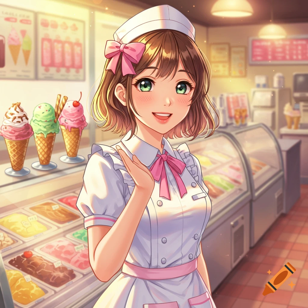 Anime girl in ice cream parlor uniform.