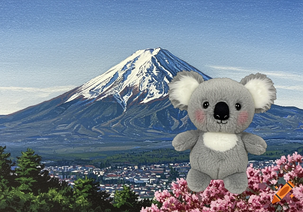 A plush grey koala stands in front of Mount Fuji with cherry blossoms in the foreground, in a stylized illustration.