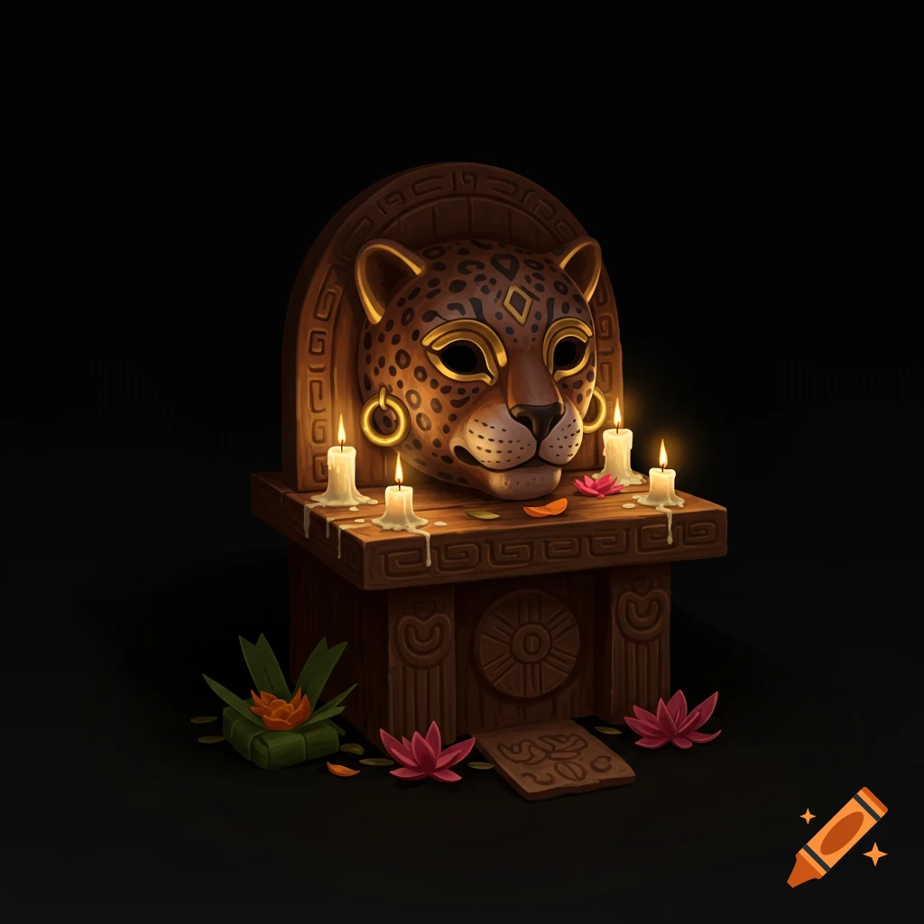A stylized jaguar mask on a wooden altar with candles and flowers