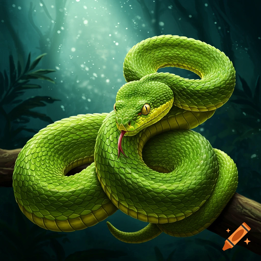 A vibrant green viper snake coiled on a branch in a dark forest.