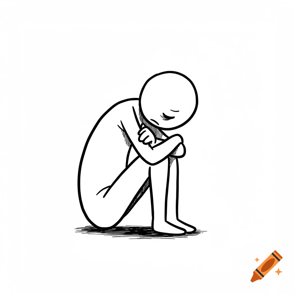 Black and white stick figure illustration sitting with knees to chest, depicting despair.