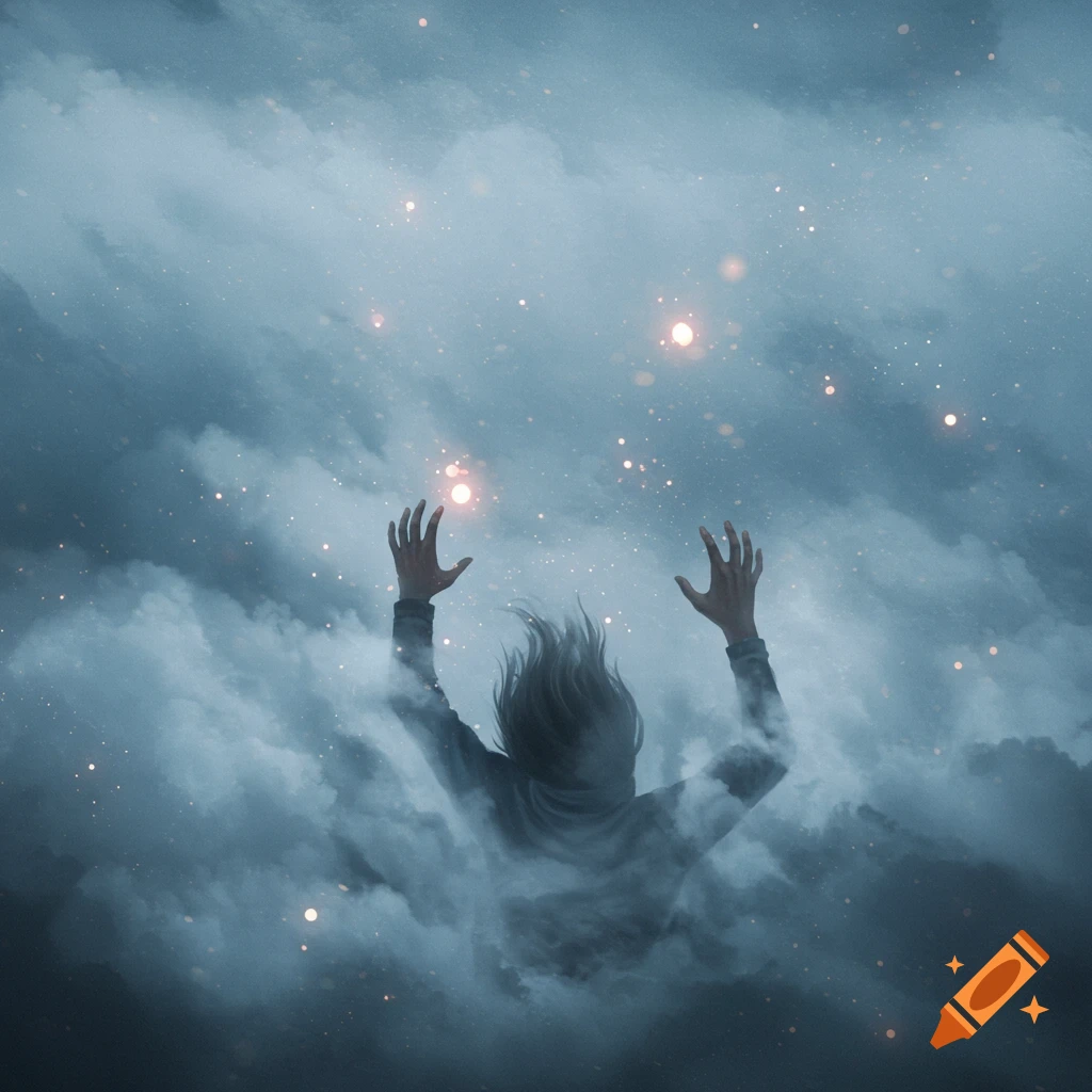 Person falling through dark clouds and stars, reaching upwards.