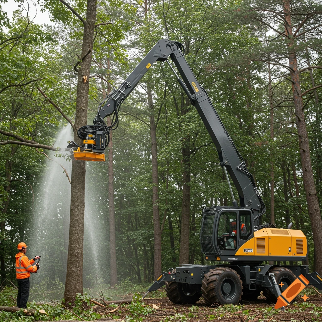 A logging machine with a large articulated arm cuts a branch with a water jet, while an operator stands nearby with a remote control.