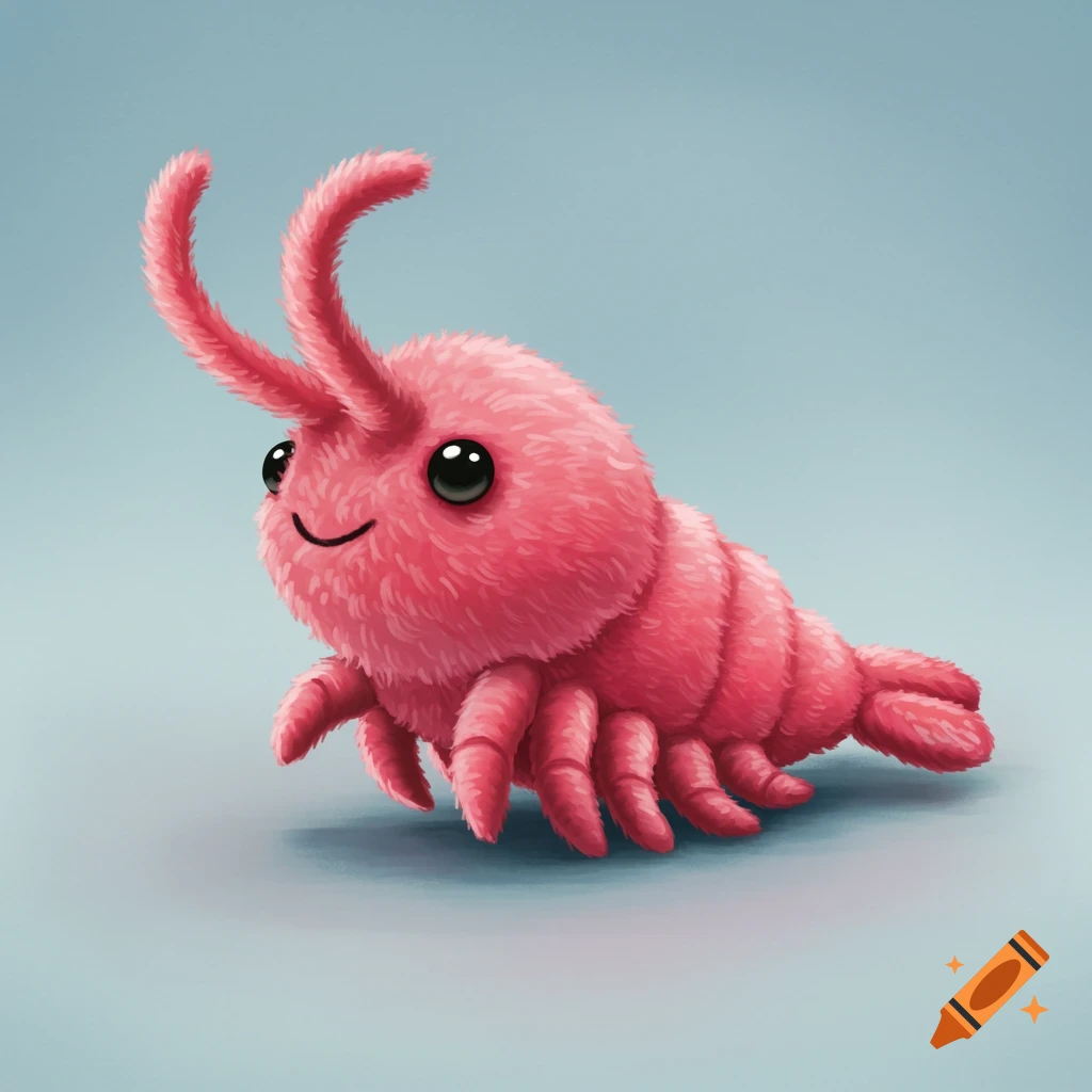 A pink, furry creature resembling a shrimp stuffed animal on a blue background.