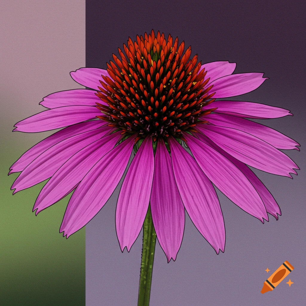 A graphic illustration of a purple coneflower against a split purple and green background.