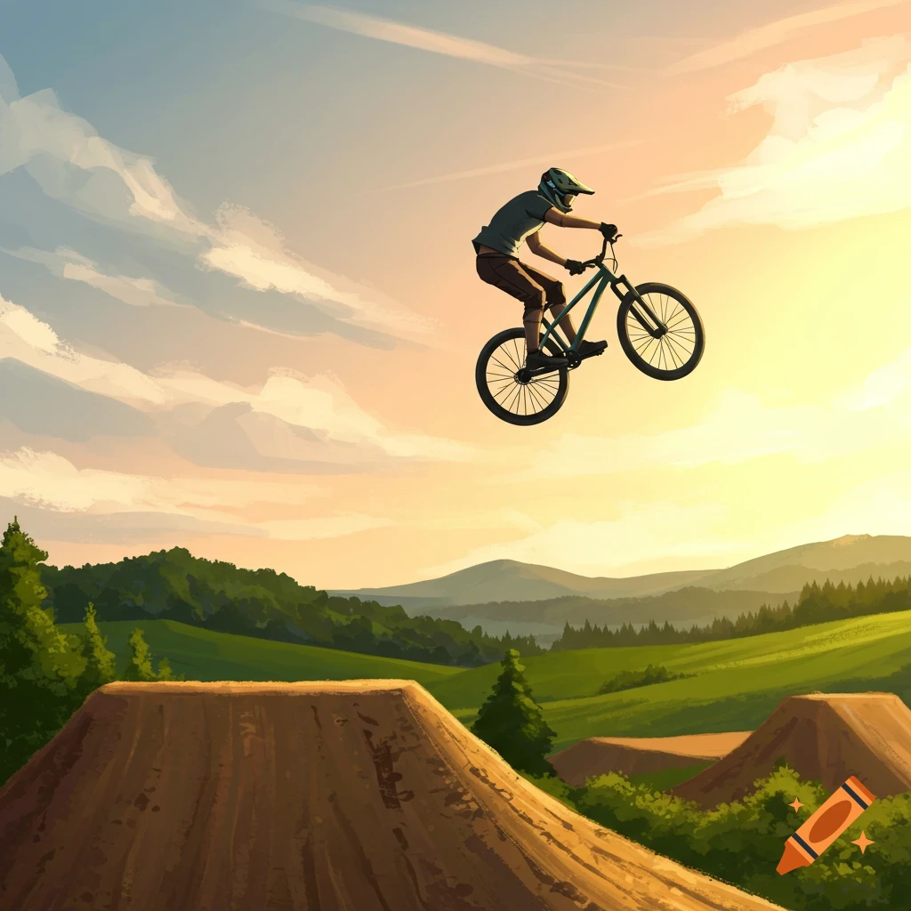 Stylized illustration of a person doing a bike jump over a dirt mound at sunset.