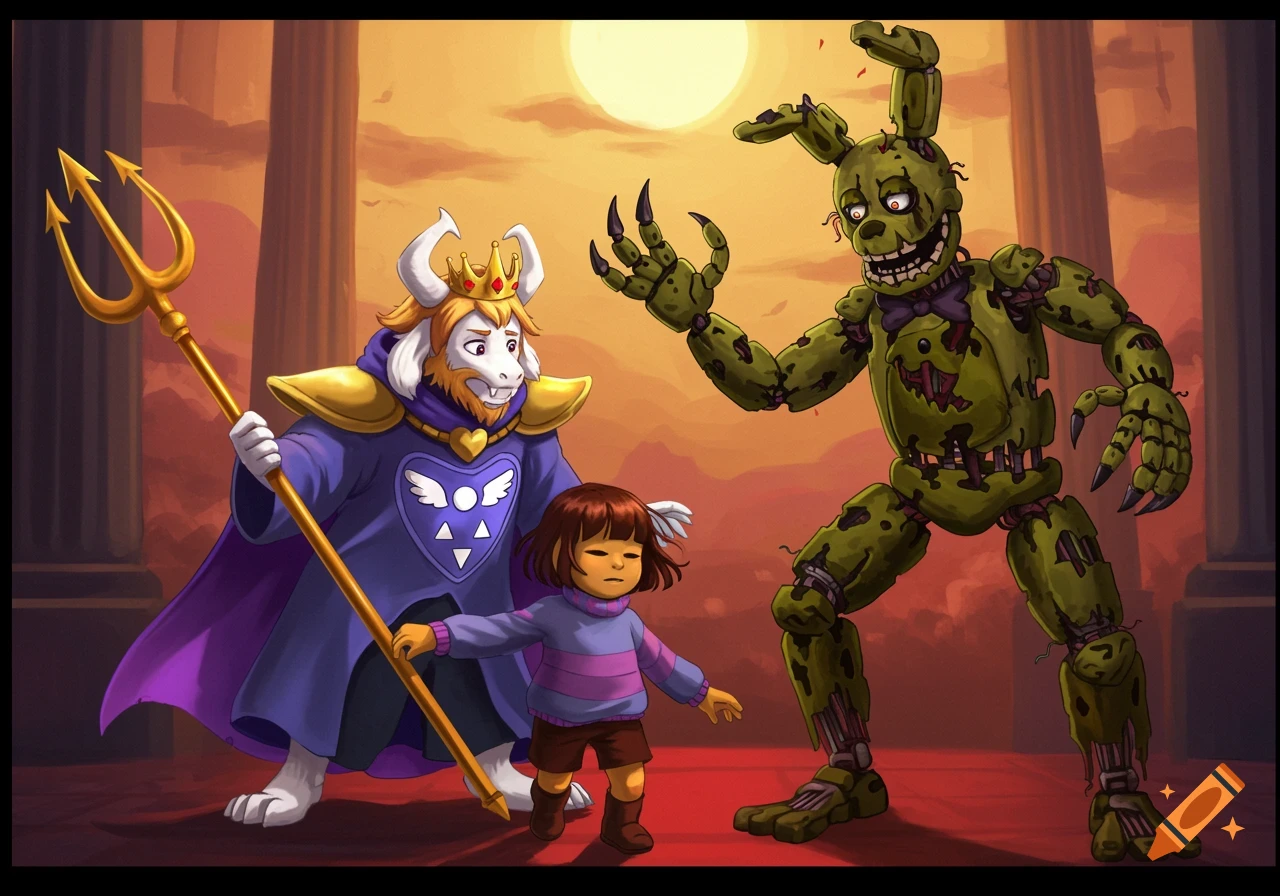 King Asgore defends Frisk from Springtrap in video game fan art.