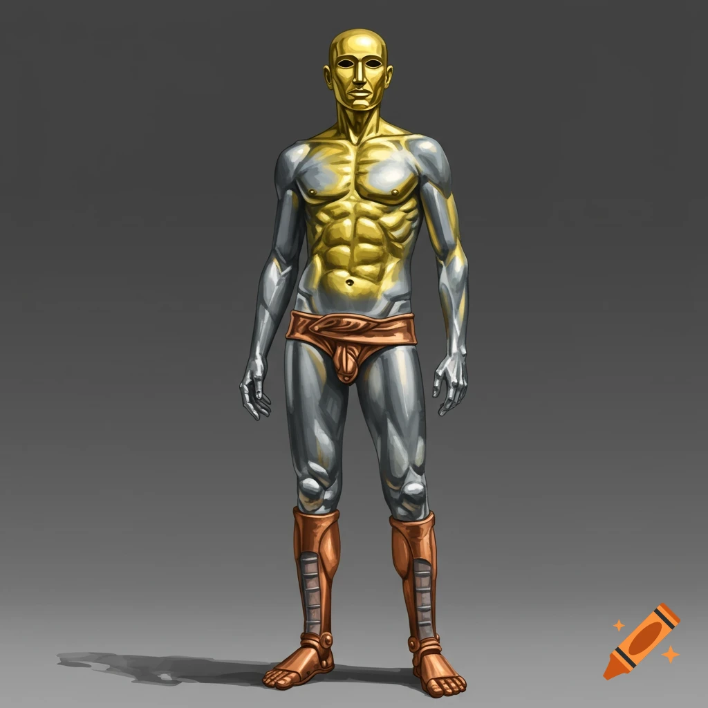 Full body view of a stylized figure made of gold, silver, and copper/iron materials against a grey background.