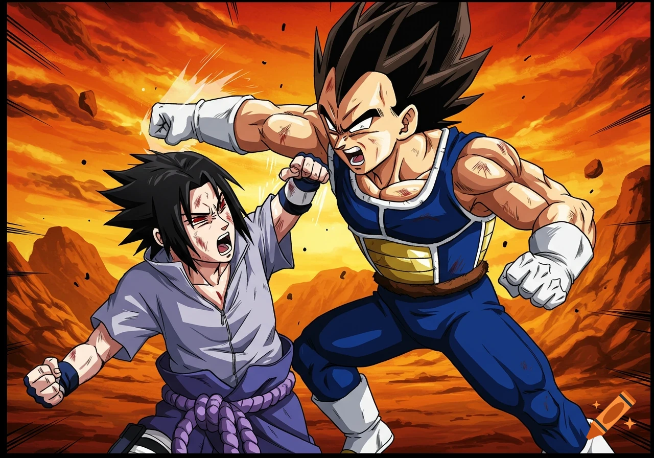 Anime style illustration of Vegeta punching Sasuke during a fight in a fiery landscape.