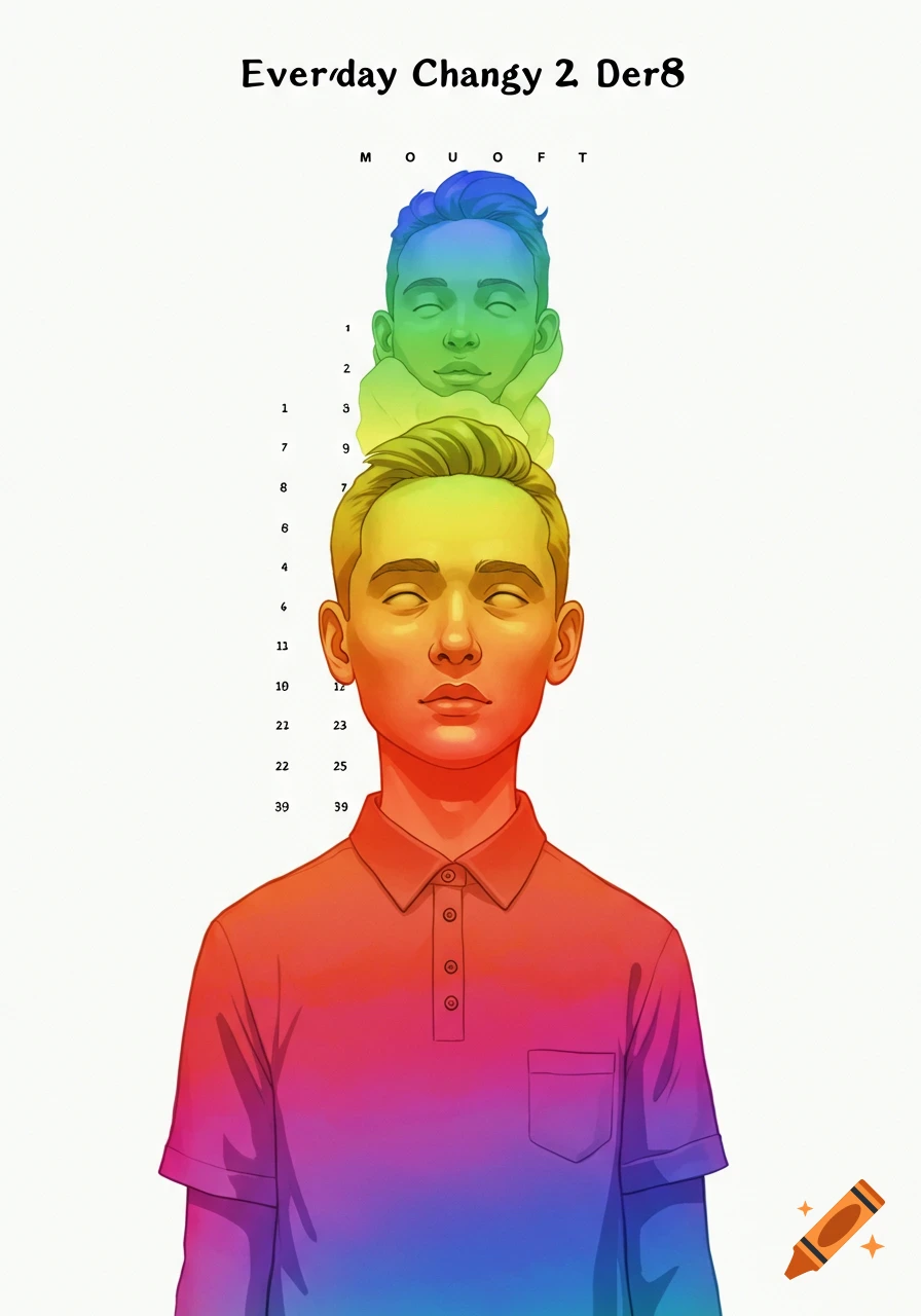 Stylized portrait of a person with rainbow gradient on skin and shirt, smaller head stacked on top, white background.