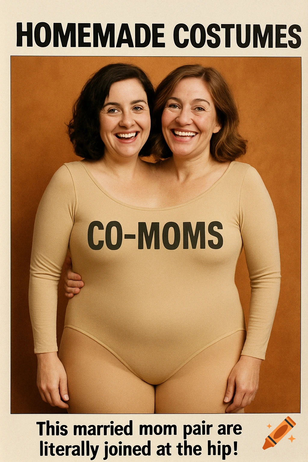 Photo of two women sharing a bodysuit costume, appearing joined, labeled 'CO-MOMS'. Text reads 'HOMEMADE COSTUMES' and 'joined at the hip'.