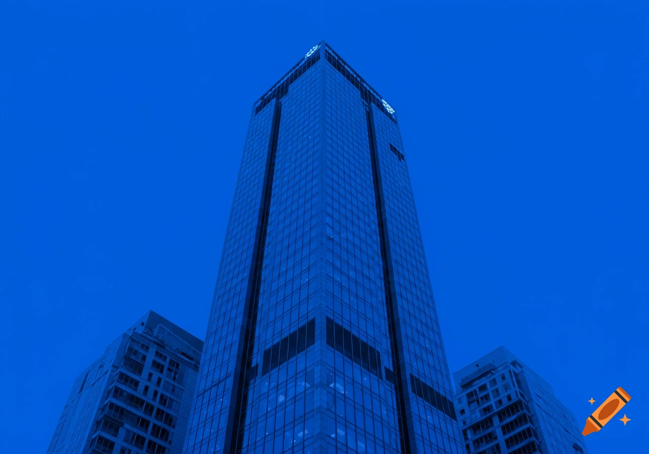Monochromatic blue photorealistic image of a tall glass skyscraper viewed from below against a solid blue sky.