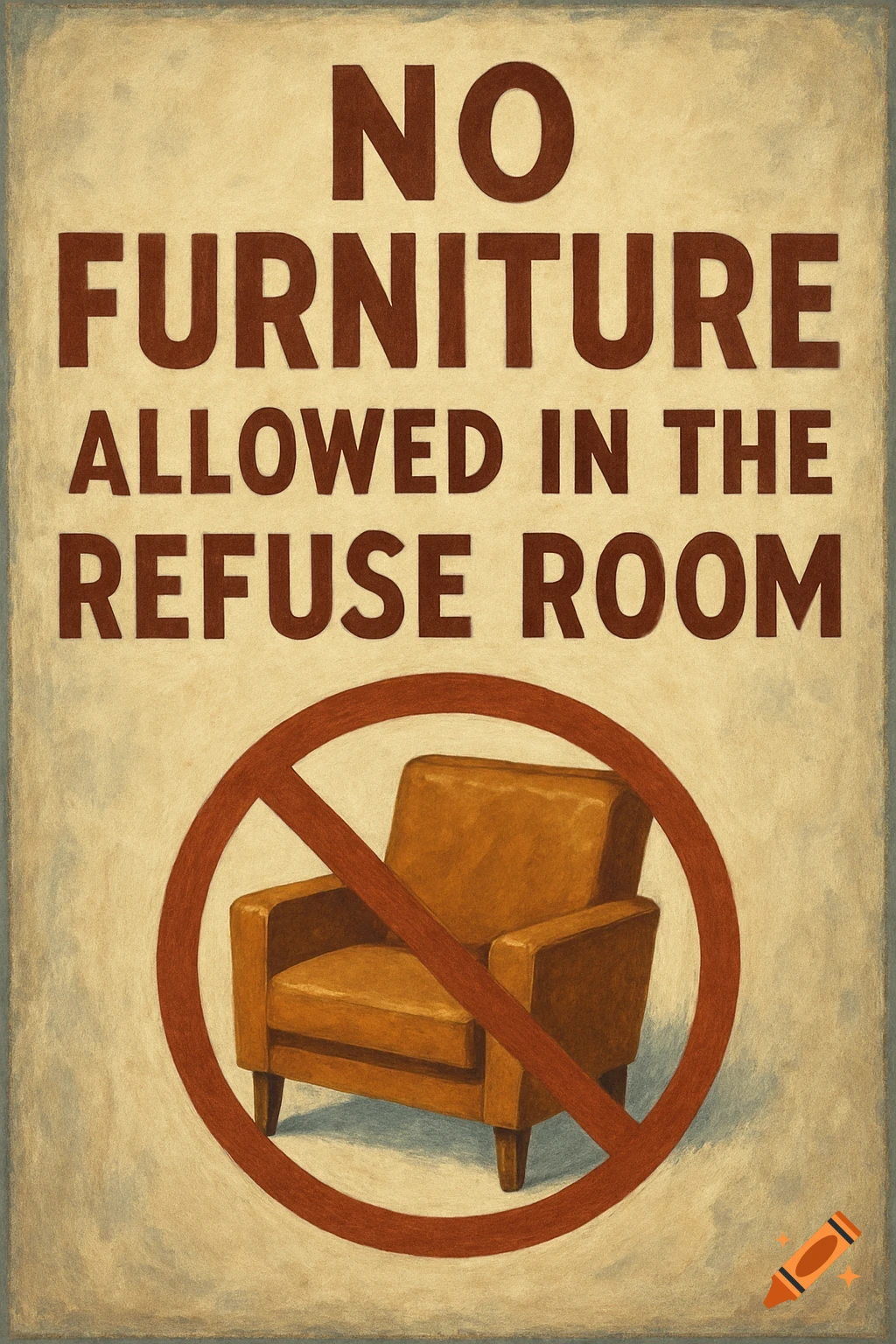 A vintage style poster with text saying 'No furniture allowed in the refuse room' and a red circle with a line through an armchair.