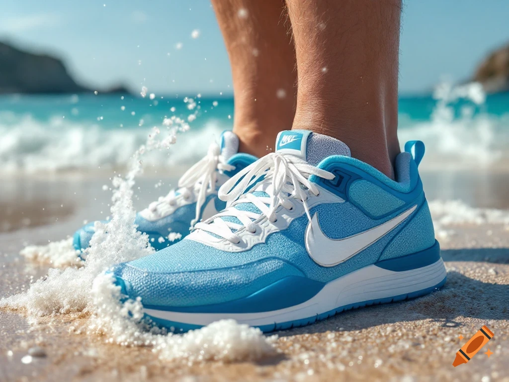 Close-up of feet wearing blue Nike shoes standing in shallow water on a beach