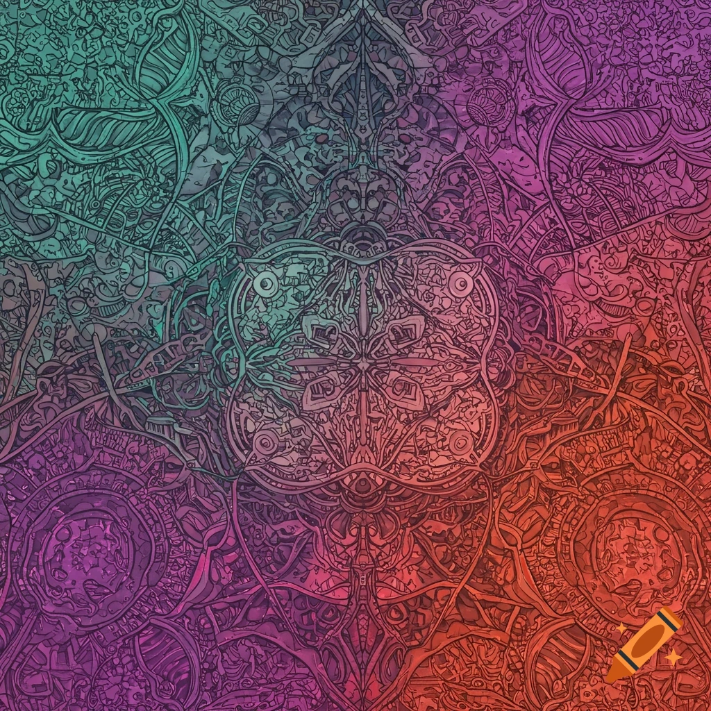 Intricate abstract line art pattern with a teal, purple, and orange color gradient.