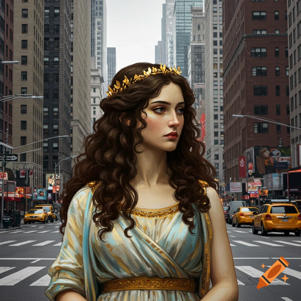A woman wearing ancient Greek attire and a golden wreath stands in the middle of a busy city street.