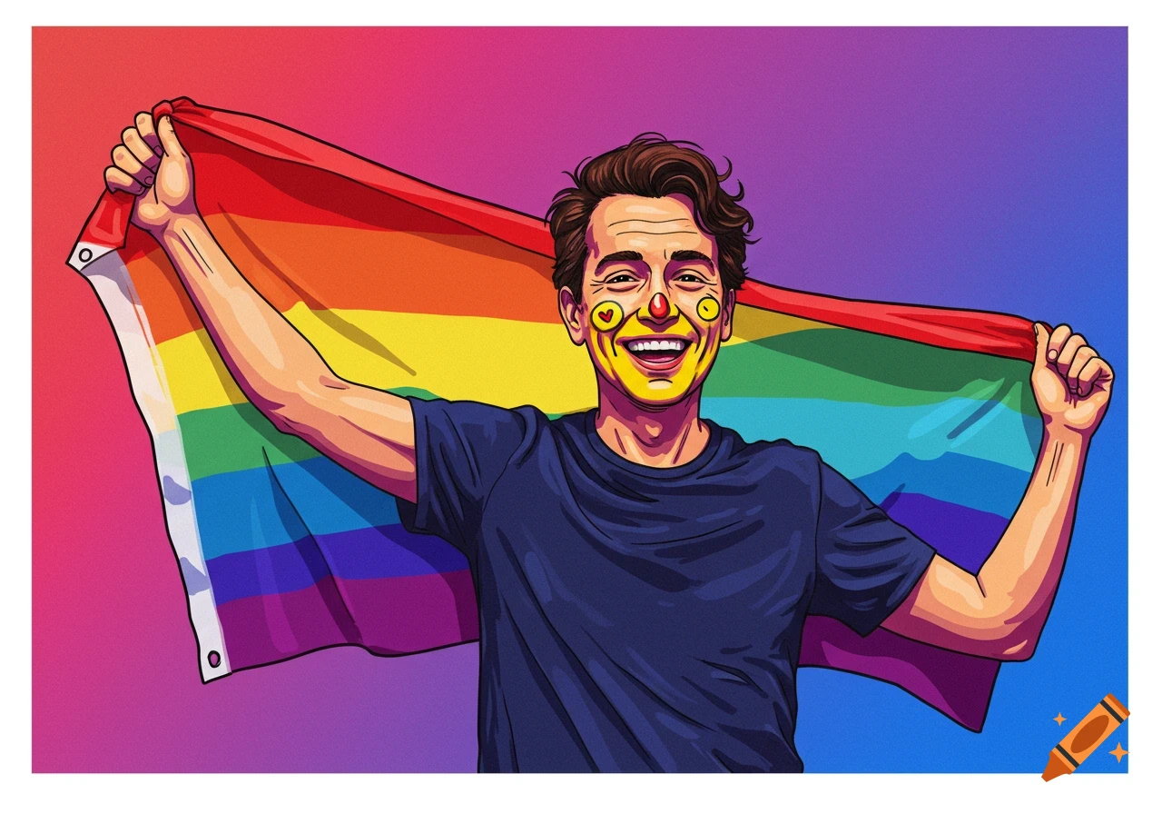 Illustration of a man with smiley face paint holding up a rainbow flag