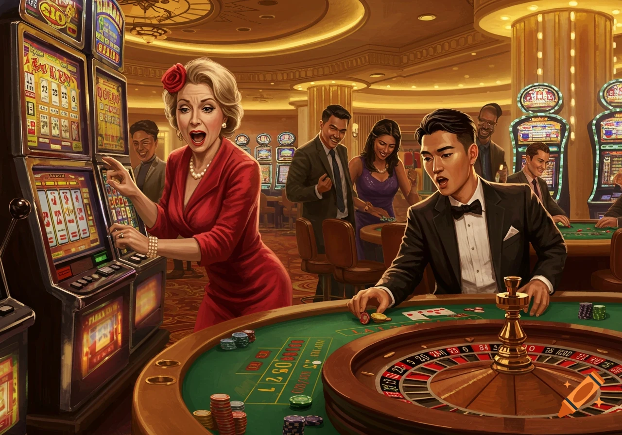 People play slot machines and roulette in a busy casino.