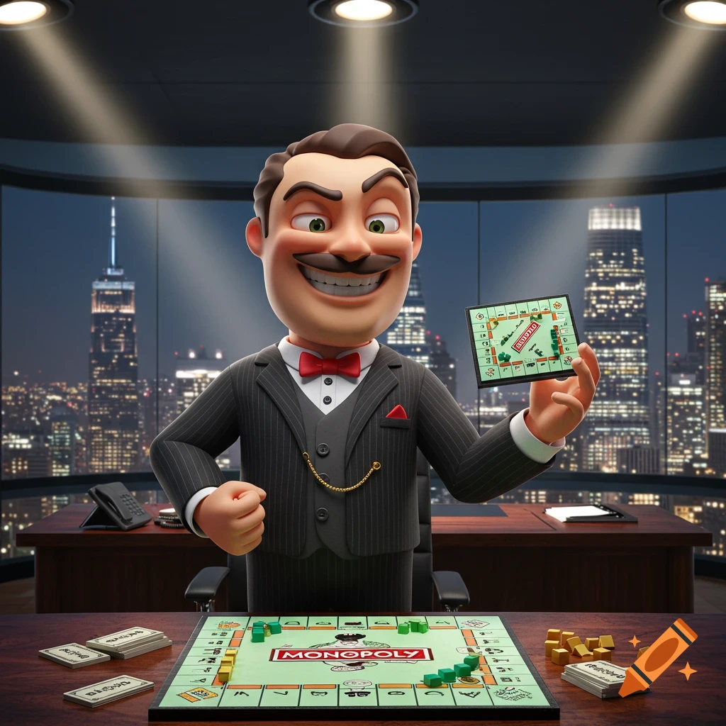 3D rendering of a cartoon character in a suit playing Monopoly in an office overlooking a city skyline.