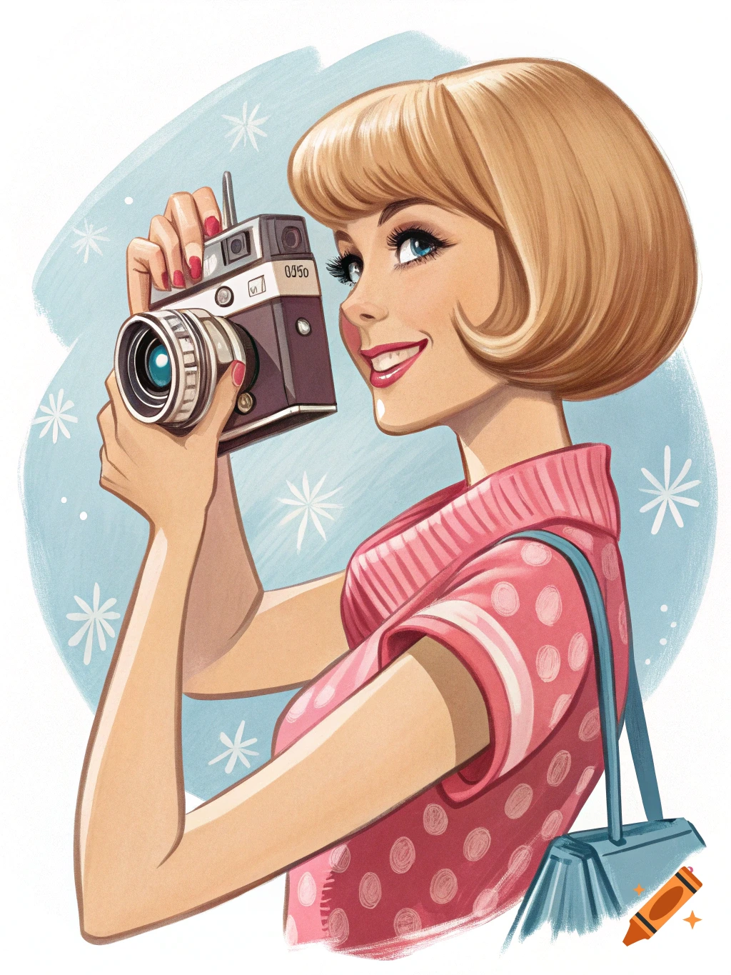 Illustration of a smiling woman with a bob haircut holding a retro camera.