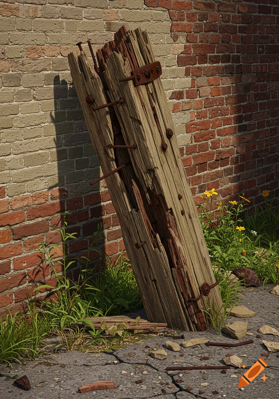 A broken wooden post leans against a brick wall, surrounded by weeds and debris on cracked pavement. Photorealistic.