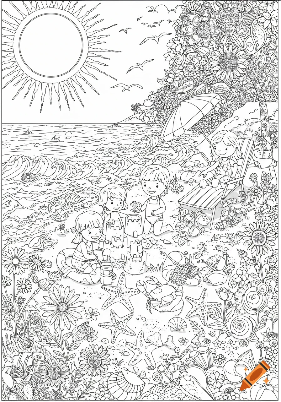 A black and white coloring page of children building sandcastles on a beach with waves, sun, and flowers.